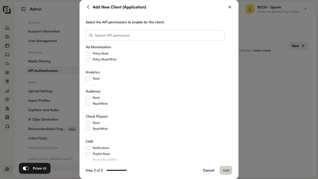 Add New Client (Application) dialog showing API permissions with checkboxes for Read and Read/Write