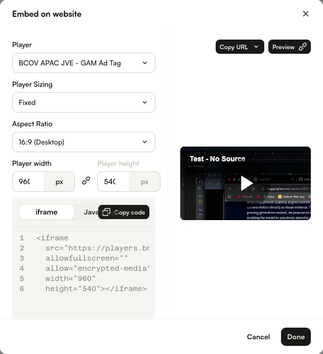 Player embed code