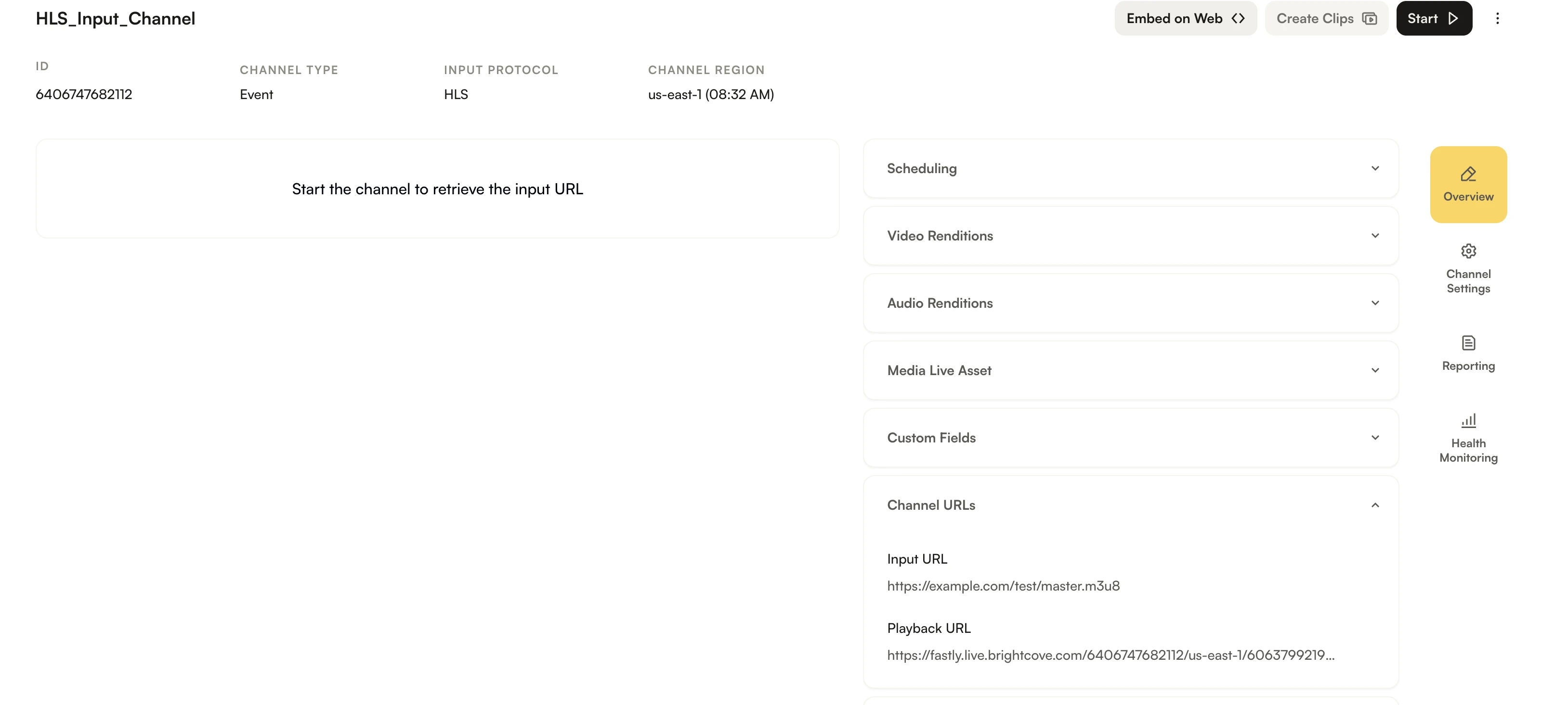 Channel page showing HLS input protocol and manifest URLs