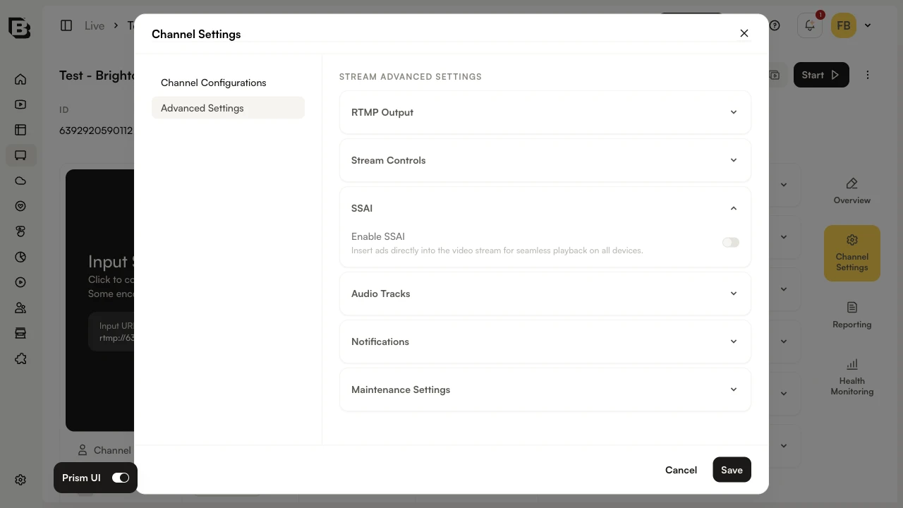Channel Settings Advanced Settings panel with the SSAI section visible and the Enable SSAI toggle disabled