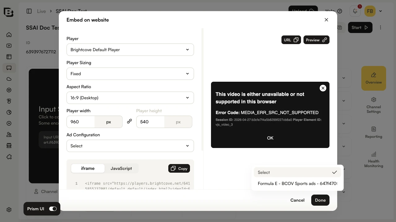 Embed on website modal showing Player, Player Sizing, Aspect Ratio, and Ad Configuration dropdowns with the iframe embed code preview