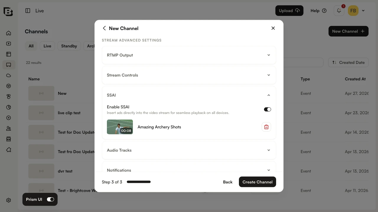 SSAI section of the New Channel dialog, showing Enable SSAI toggled on, a fill slate asset selected, Enable pre-roll ads toggled on, and a Max pre-roll duration field set to 90 seconds.
