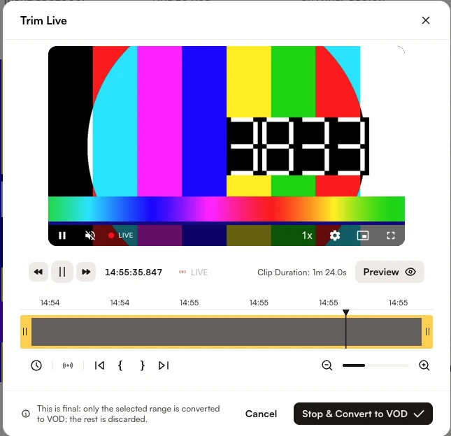 The Trim Live dialog, showing the video preview, timeline scrubber, and start/end trim handles