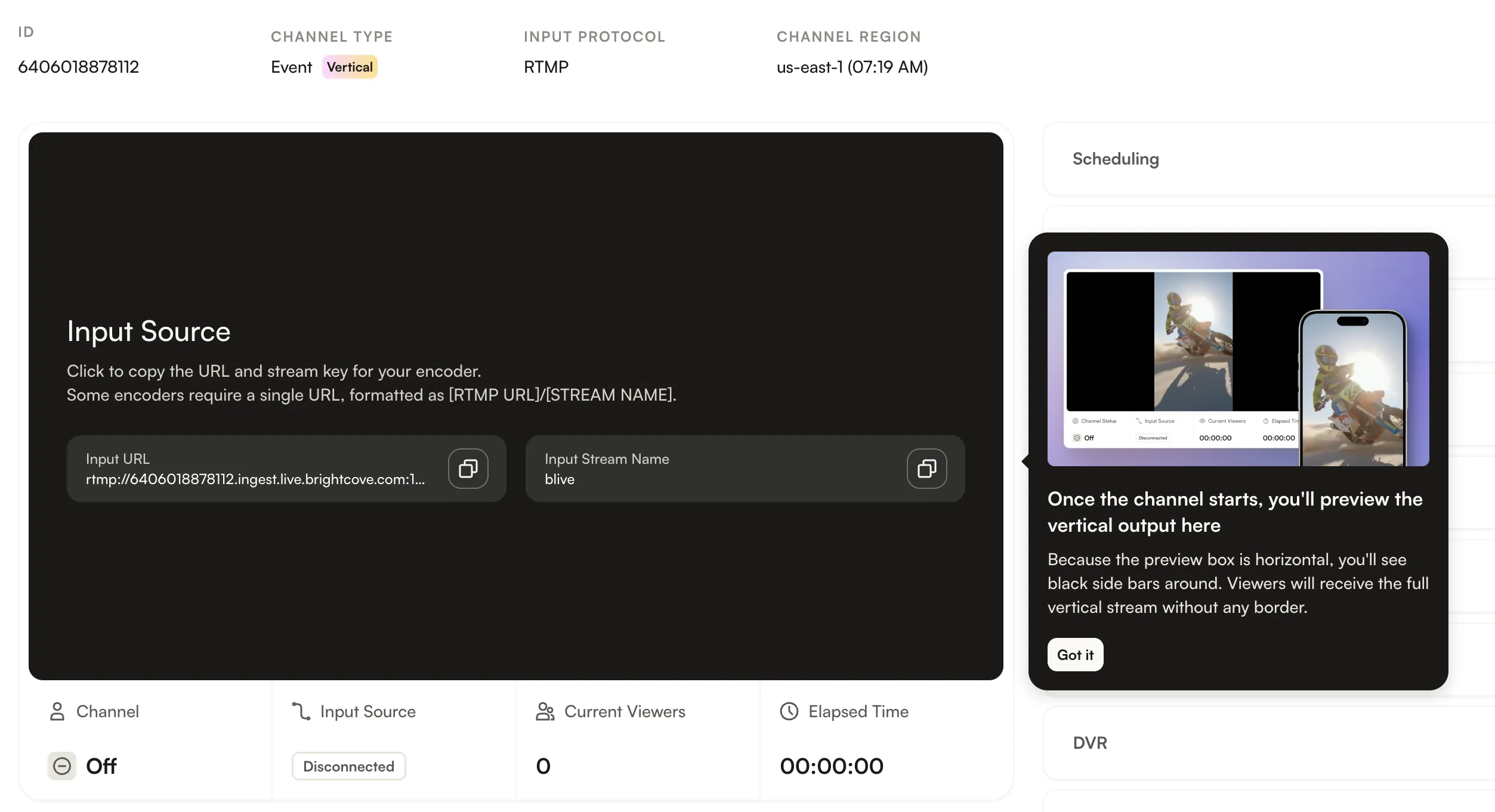 Channel page showing Vertical channel type